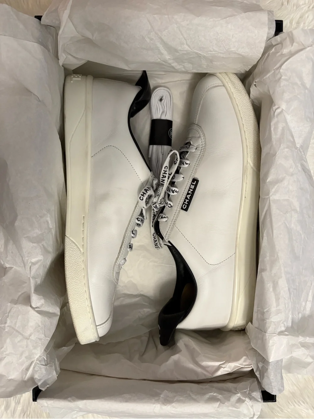 CHANEL White and Black Logo Lace-Up Sneakers